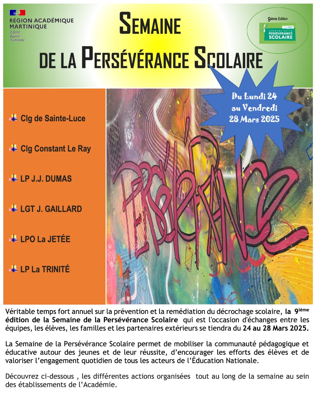 La Semaine de la Persévérance Scolaire du 24 au 28 Mars 2025
